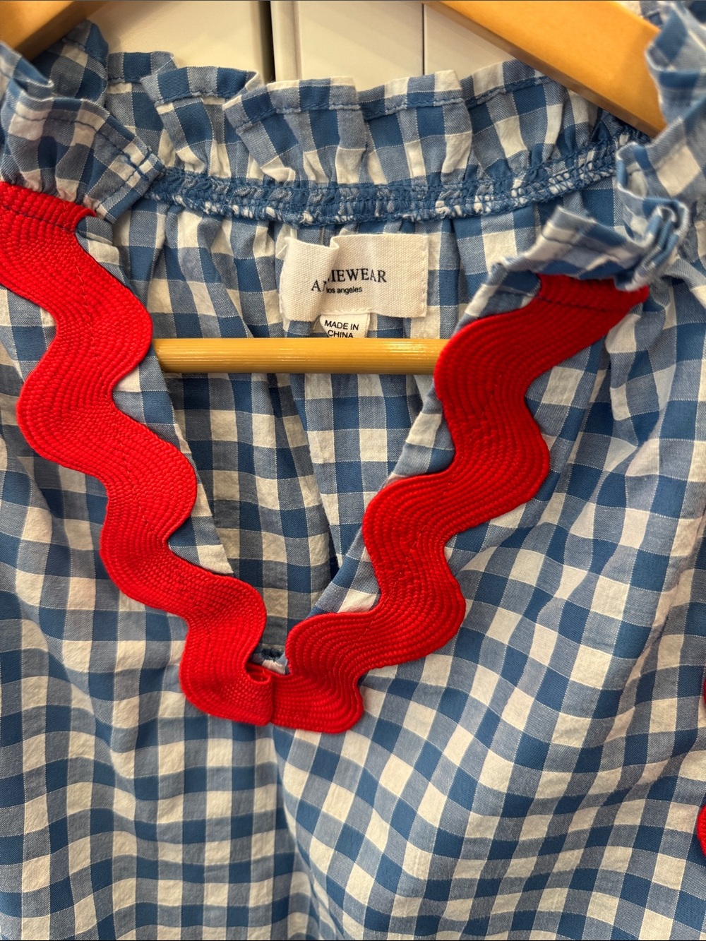 Blue Gingham Puff-Sleeve Blouse with Red Rickrack Trim - Picture 2 of 4